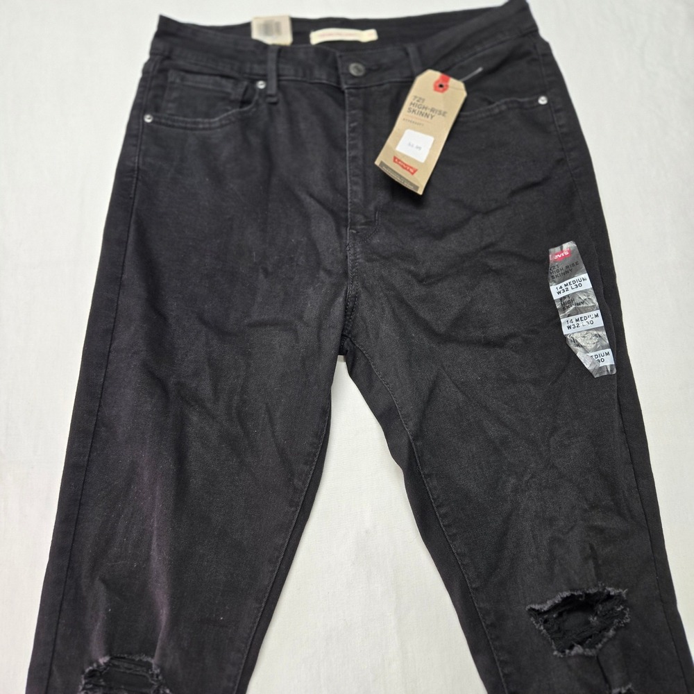 Levis 721 High Rise Skinny Jeans Black Distressed Rips Womens Size 14 Medium